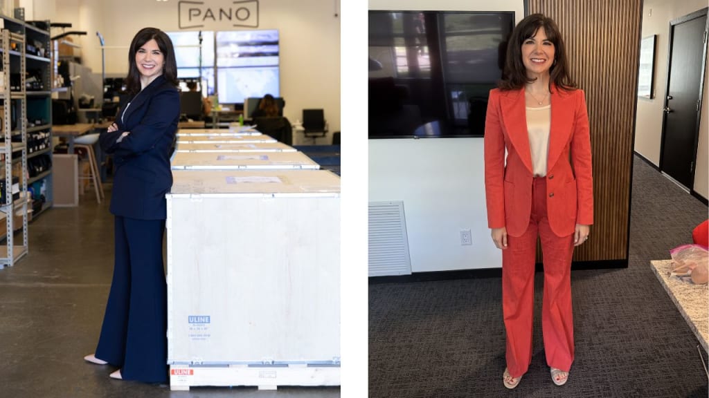 A woman with long dark hair stands in a warehouse wearing a navy suit on the left and in an office wearing a red suit on the right.